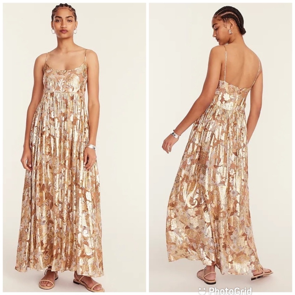 J. Crew Collection scoopneck dress metallic threads chiffon Zinnea Camel Lurex
